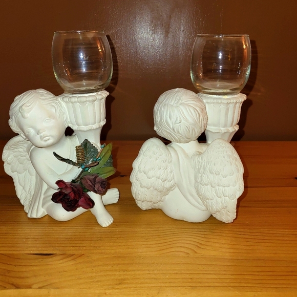 🆕️🔥2 Vtg White Ceramic Cherub w Candle Holder🔥 Set - Picture 3 of 6